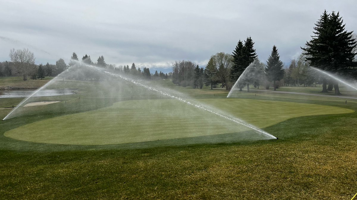 SVTurfCare's tweet photo. Numbers 1 &amp; 7 greens are coming along nicely. Need some sunshine!!! Sod was laid last thursday afternoon. First cut at .250” yesterday, double cut at .230”today then fertilized for the third time. Coooommmmeeooon roots!! https://t.co/MUqpiHuROq