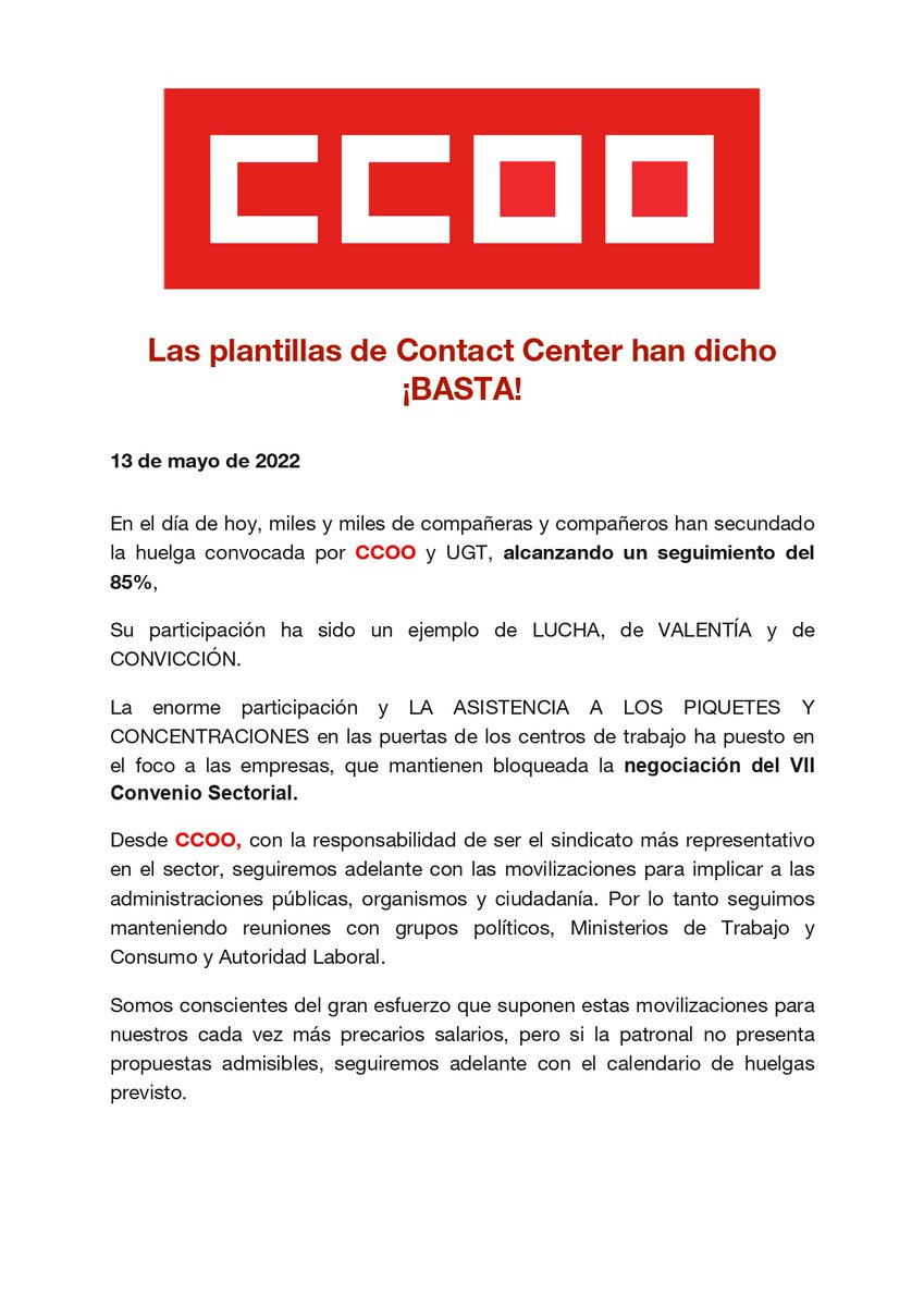 c_center_ccoo's tweet photo. LA HUELGA HA SIDO UN ÉXITO. LA PELOTA ESTÁ EN SU TEJADO.

#13MHuelgaContact 
#ContactCenter 
#ConvenioContact 
#TeleoperadorasEnLucha https://t.co/faQmEUbIhp
