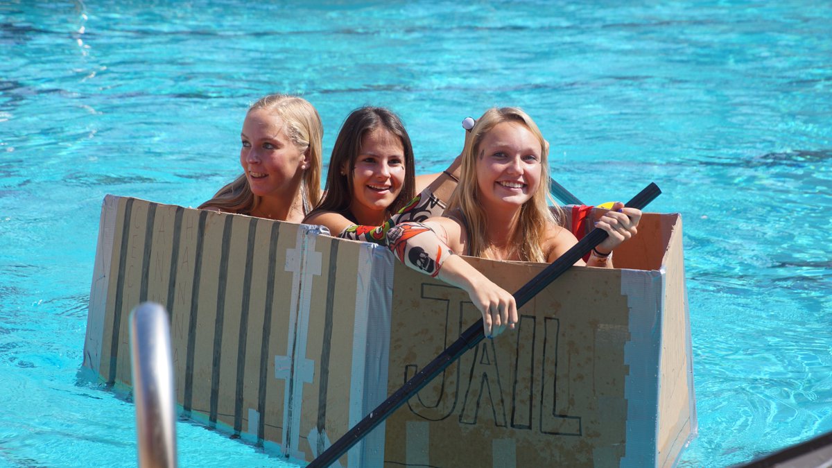 UMSWright's tweet photo. To complete their unit on Fluid Mechanics, Mrs. Cullen's Honors Physics classes had to design and construct a boat that would float 2 students from one side of Lubel Pool to the other. The catch...they could only use cardboard boxes and duct tape! #clearpathforpotential https://t.co/l01Aw9SrsM