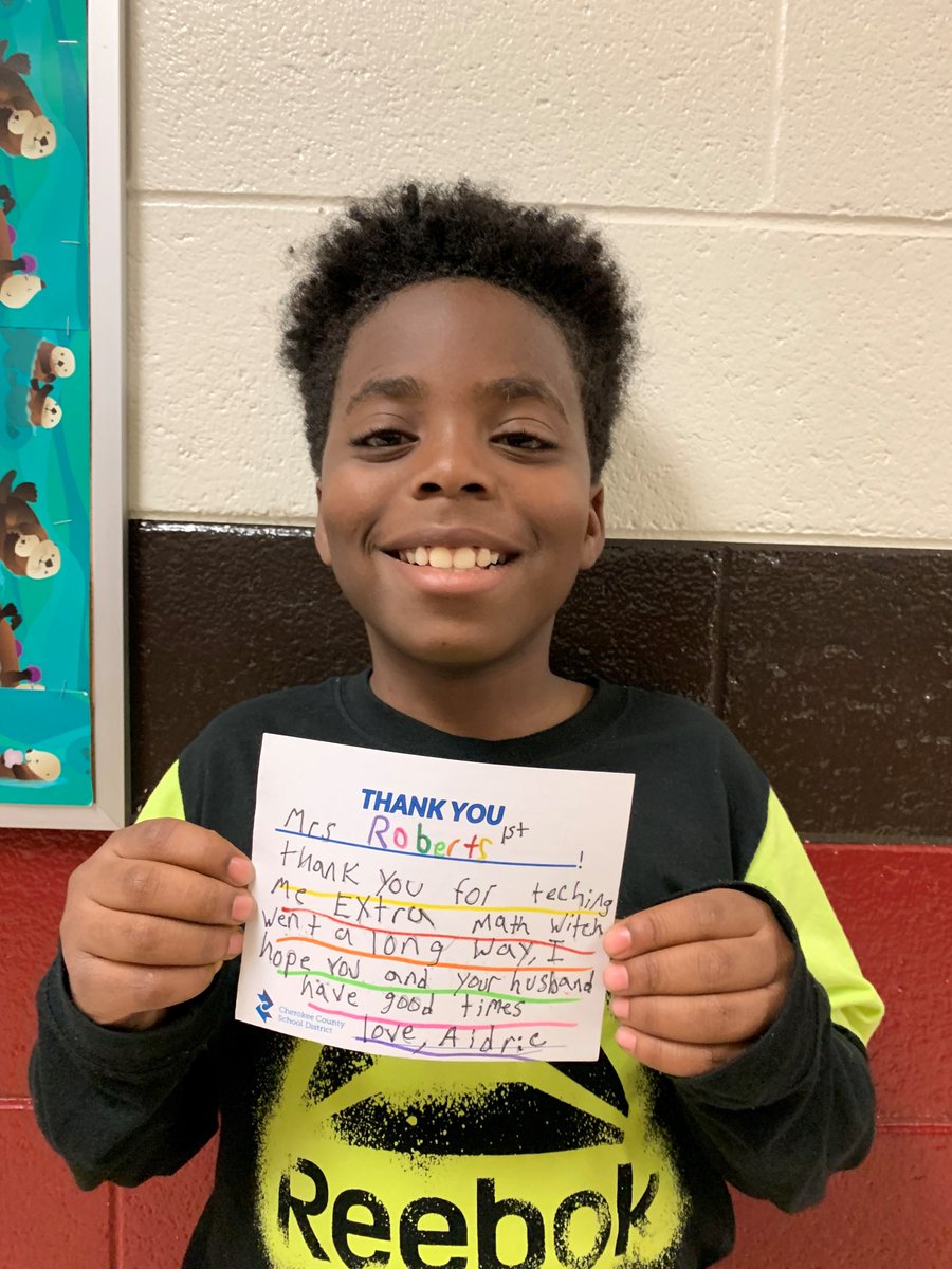 CherokeeSchools's tweet photo. #thanksCCSD gives students the opportunity to share how a teacher or other staff member has made a positive difference in their life!  Here’s one from Carmel ES fourth-grader Aidric Gore to former teacher Eliana Roberts. https://t.co/zLjtMv6y3I #thanksCCSD #CCSDfam https://t.co/HhVf6omG3c