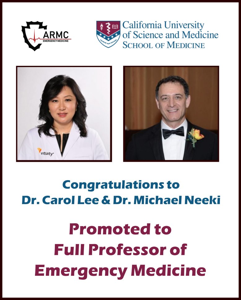 em_armc's tweet photo. Congrats to our very own Drs. Lee &amp; Neeki for being promoted to Full Professors of Emergency Medicine with CUSM. This is a great achievement! https://t.co/XfZSJZwEqy