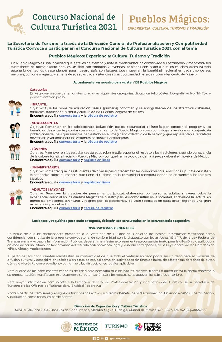 Se invita a la población a participar en el Concurso Nacional de Cultura Turística 2021, con el tema Pueblos Mágicos: Experiencia, Cultura, Turismo y Tradición. 

Consulta las categorías, bases y requisitos de participación en el siguiente enlace: bit.ly/3JR9yHV