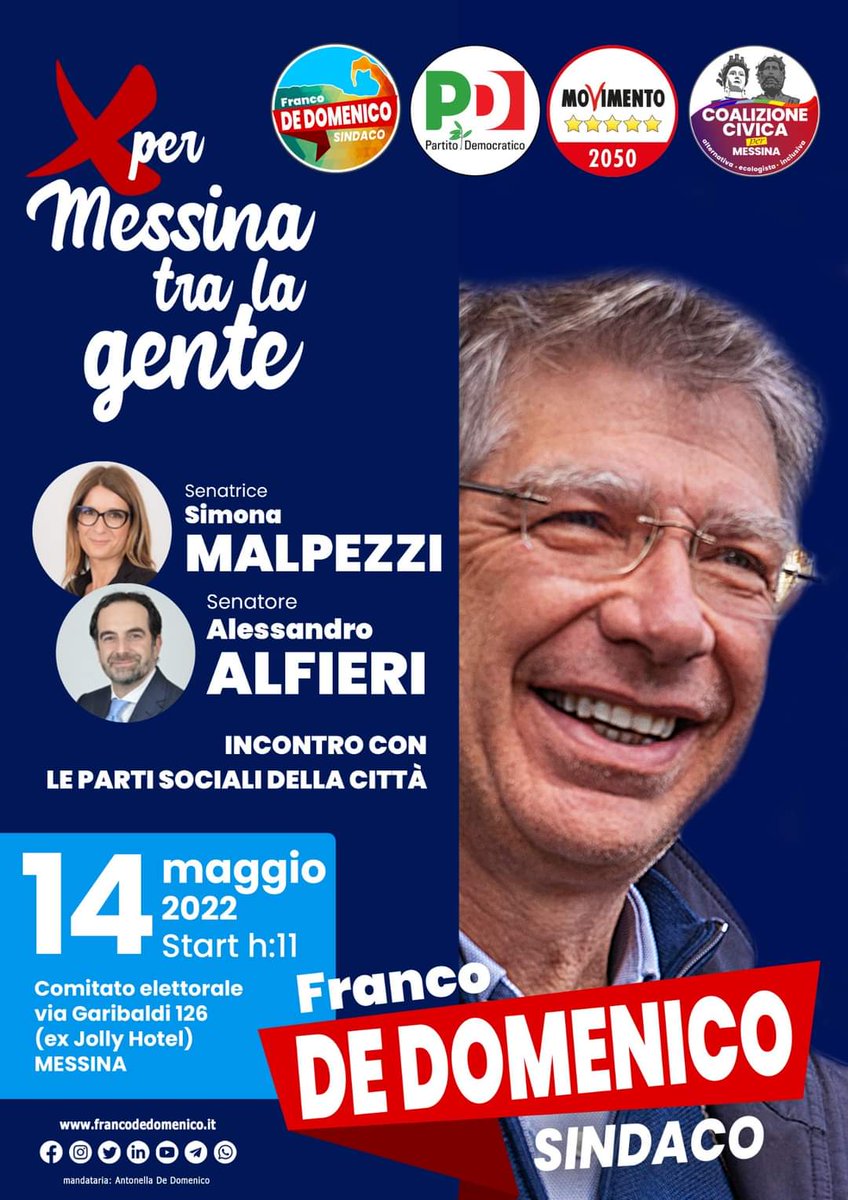 FrancescoDeDom5's tweet photo. Domani mattina, sabato 14 maggio, la senatrice @SimonaMalpezzi capogruppo al senato e il senatore @ale_alfieri saranno al mio comitato elettorale per incontrare le parti sociali della città. 

#eleme2022 #DeDomenicoSindaco #xmessinatralagente #messina https://t.co/s6cNFwmTrw