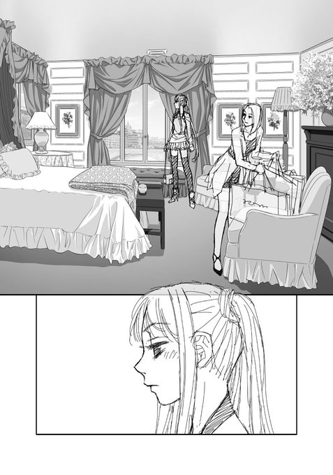 「My doll house」の下描き
台詞フキダシ無し絵その、182

逃避行先のホテルにて…
パースが一見変に見えますが、この部屋の平面は五角形なのです😅 