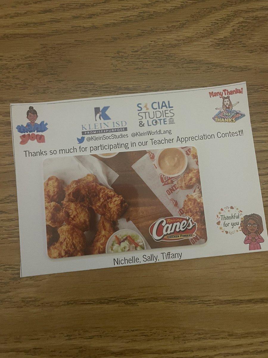 KCjmick's tweet photo. Thank you @KleinSocStudies for the @raisingcanes gift card!!! 😋 https://t.co/deneqyVdxR