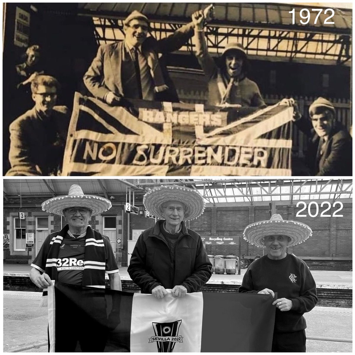 Mrs_Lewis_13's tweet photo. 50 years ago they were off to sunny Spain to watch the Famous Glasgow Rangers. Today we recreated that picture as their journey begins in 2022. One person missing who will be watching on from above I’m sure 💙@RangersFC @EuropaLeague #RangersFC #RangersFamily #Barcelona #Seville https://t.co/PSOmBGNIb9