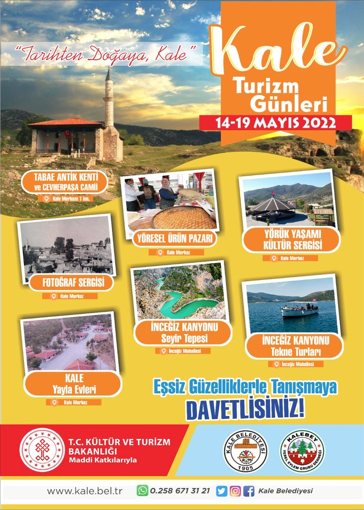 <a href="/DenizliValiligi/">T.C.Denizli Valiliği 🇹🇷</a>
<a href="/iktm20/">Denizli İl Kültür ve Turizm Müdürlüğü</a> 
Kale Belediyesinin düzenlemiş olduğu yöresel ürünlerin sergileneceği ve çeşitli etkinliklerin yapılacağı"Kale Truzim Günleri"ne tüm vatandaşlarımızı bekliyoruz.
14-19 Mayıs 2022 
#Tabaeantikkenti
#EskiKale
#İnceğizKanyonu
#Tekneturu