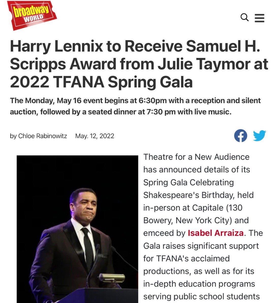HarryJLennix's tweet photo. Theatre for a New Audience has long been a part of my life, going back to 1994 when I played Aaron in Shakespeare's Titus Andronicus directed by Taymor herself. #TFANA, thank you for this incredible honor. https://t.co/ME9Atu5F7T