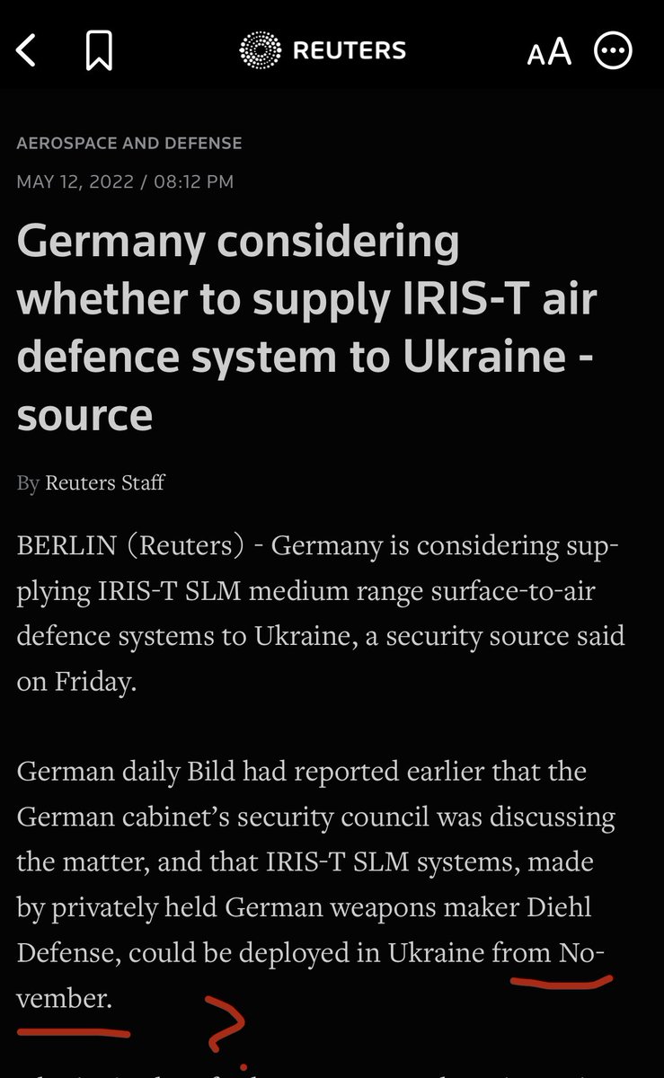 aleximkluhur's tweet photo. I don’t know what @Reuters or @BILD_News was trying to say with this:

Either a) #Germany already were planning to supply with IRIS T air defense system in advanced since November 2021
or b) #Germany will (if consideration goes through) to supply these starting this upcoming Nov. https://t.co/1Soym2ZqfT