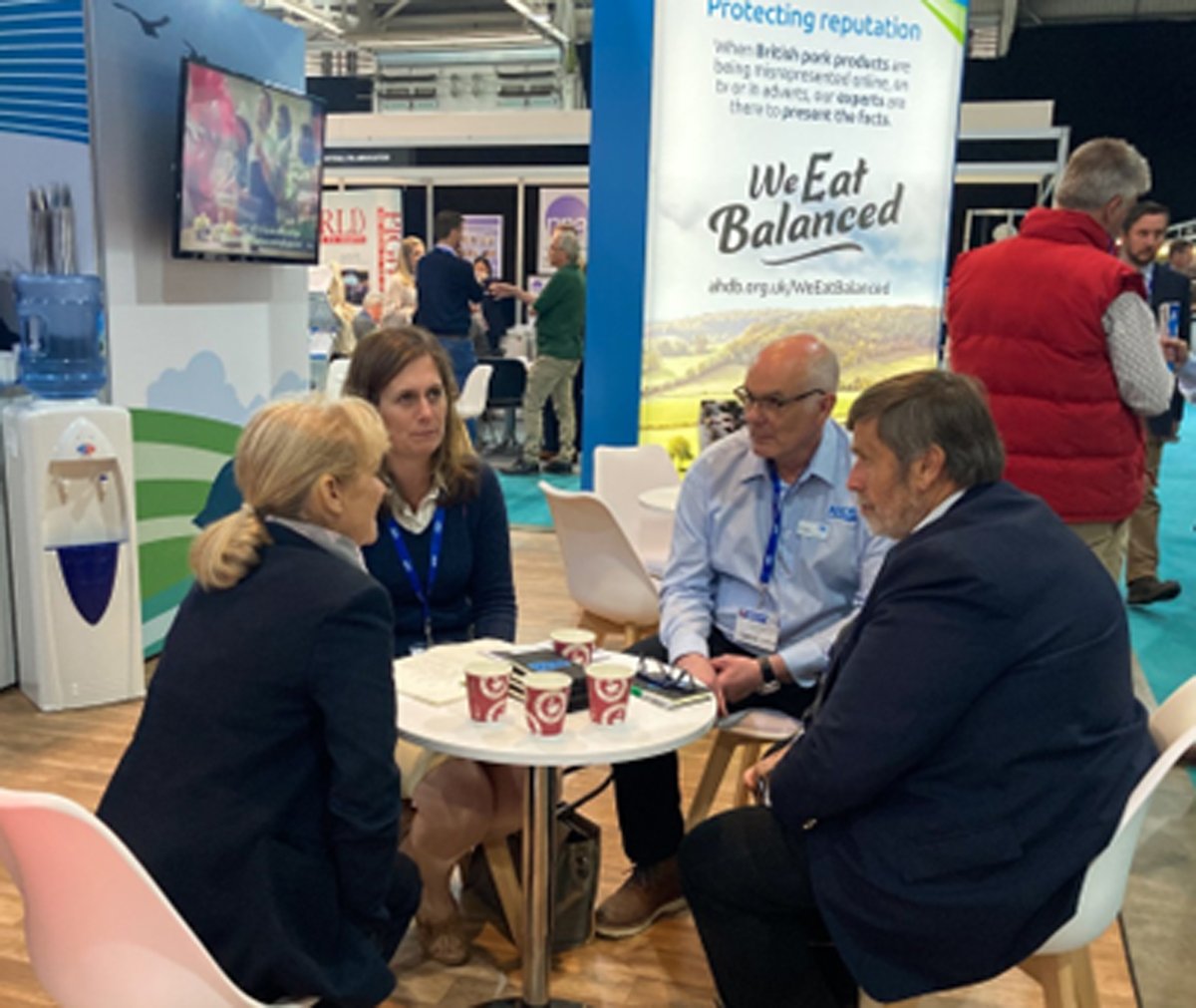 Marcus Bates and Tracey Bretherton meeting with Tony Bayles (AHDB) and Faye Murch (Kingsgate Nutrition) at the Pig Fair to discuss lower cost feeds for traditional breed pigs.