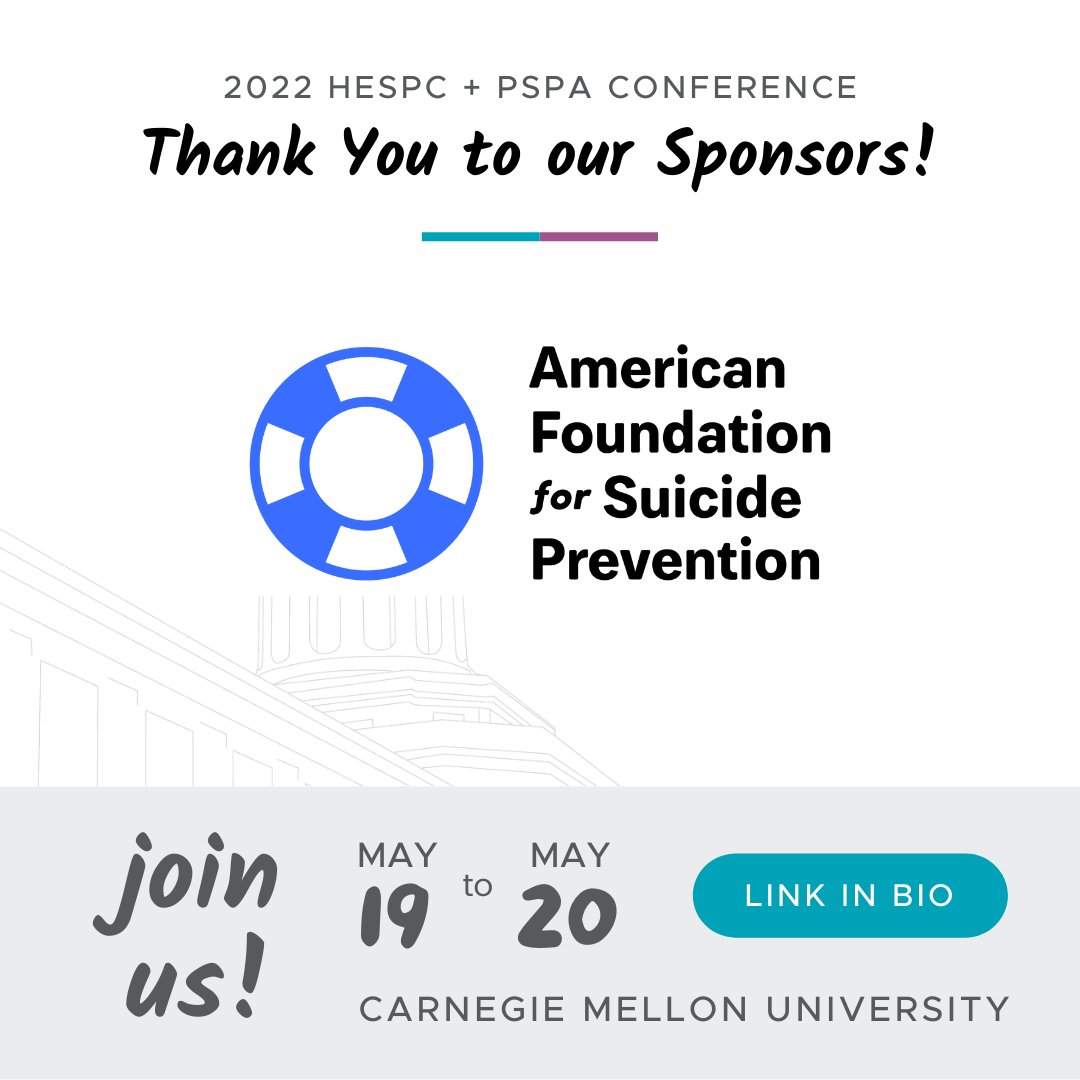 We would like to extend a huge thank you to 
<a href="/afspnational/">American Foundation for Suicide Prevention</a> for sponsoring our upcoming conference at the Advocate level! There's still time to register and join us next week! …22hespc-pspaconference.eventbrite.com

#preventsuicidepa #conference #mentalhealth #suicideprevention #afsp