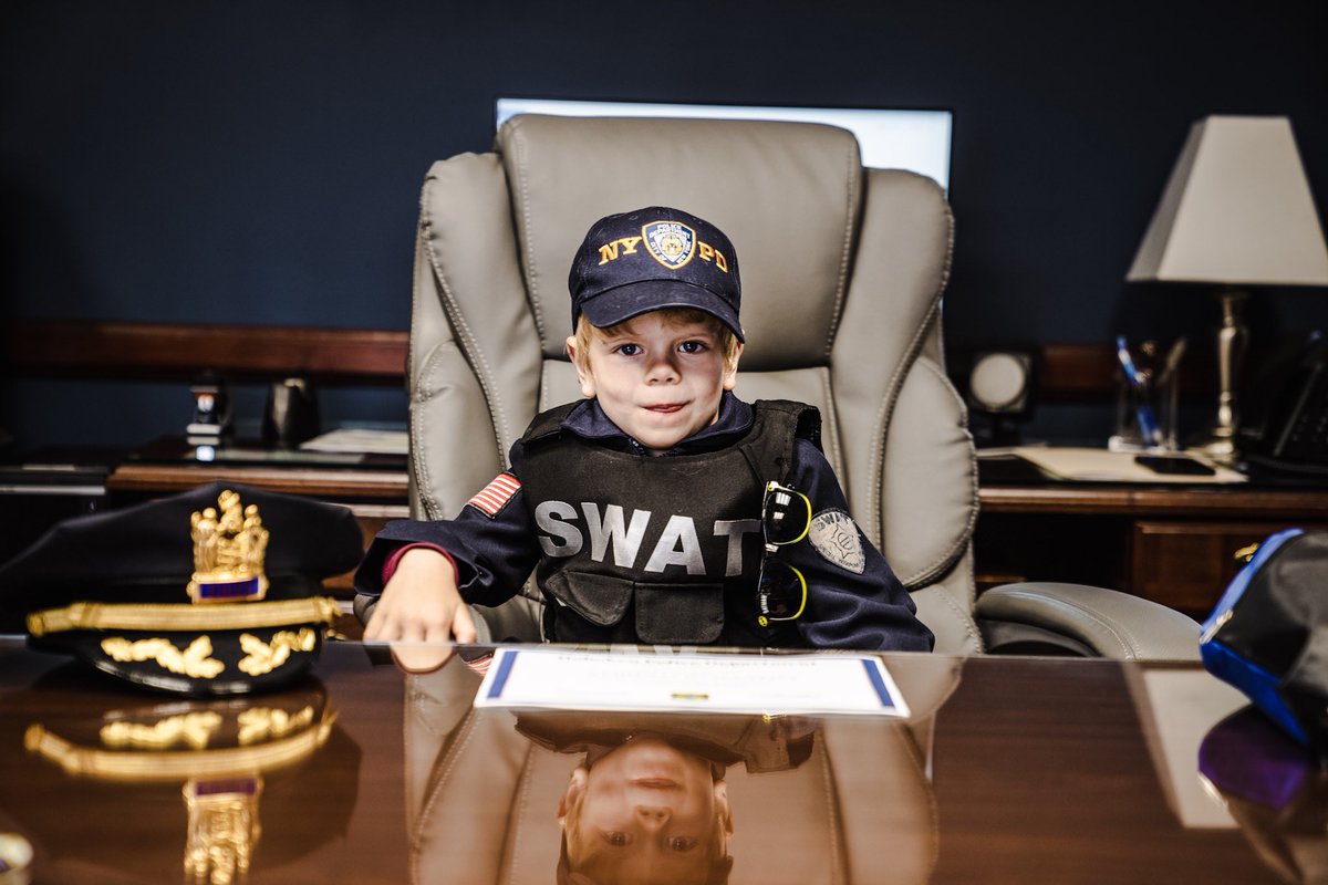 HobokenPD's tweet photo. We have a huge announcement! Chief Aguiar has temporarily been relieved of his duties (sort of). He was replaced today, and only for today, by young Chief Adrian Romano! @CityofHoboken @KenFerrante https://t.co/jfwGrhAue8