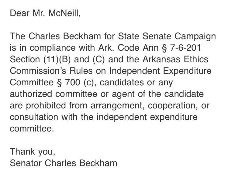 BeckhamSenate's tweet photo. As I have mentioned to Mr. McNeill in my email to him below, it is against the law for my campaign to communicate with IECs and we will continue to follow the law. https://t.co/8QfGvfGozI