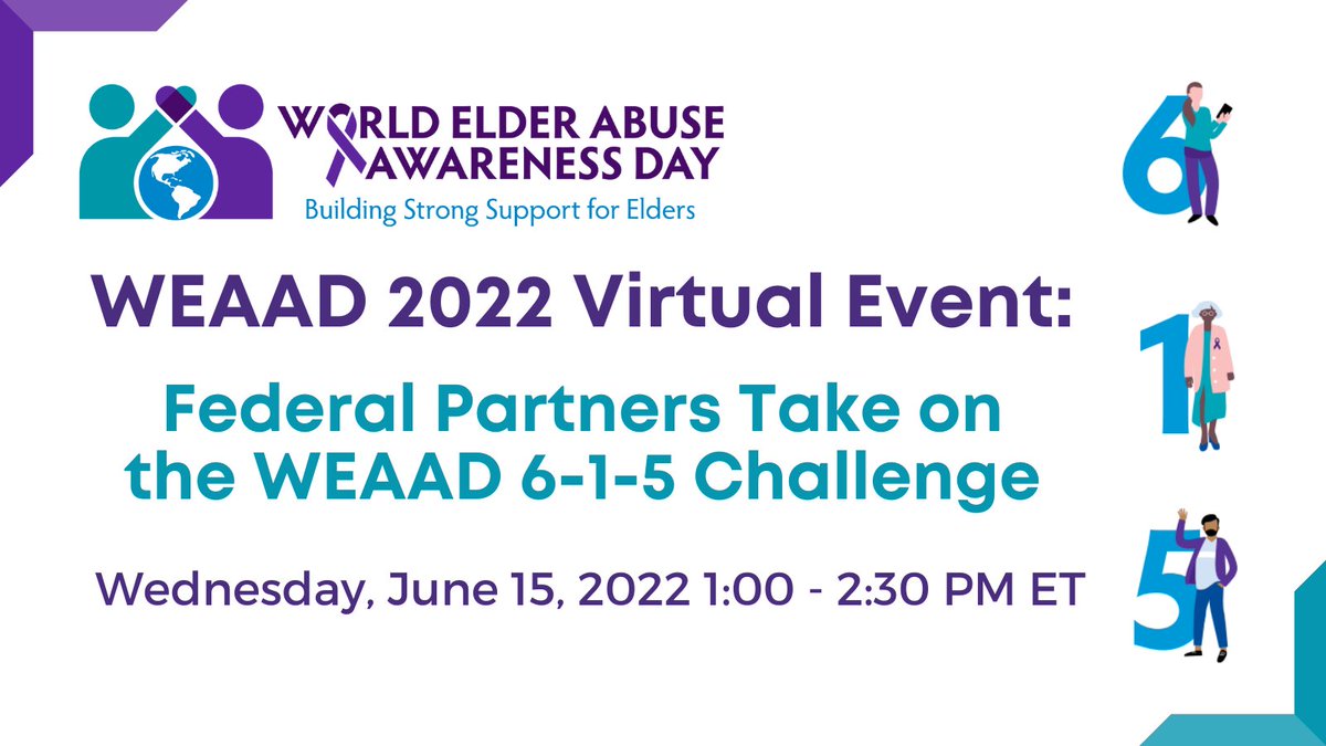 NCEAatUSC's tweet photo. Don't miss out! Register today for the World Elder Abuse Awareness Day (#WEAAD) 2022 Virtual Event: Federal Partners Take on the #WEAAD615 Challenge next week on Wednesday, June 15, from 1:00 to 2:30 pm ET! Learn more and register here: https://t.co/dBVtxtvGdL https://t.co/1gikGggZl9