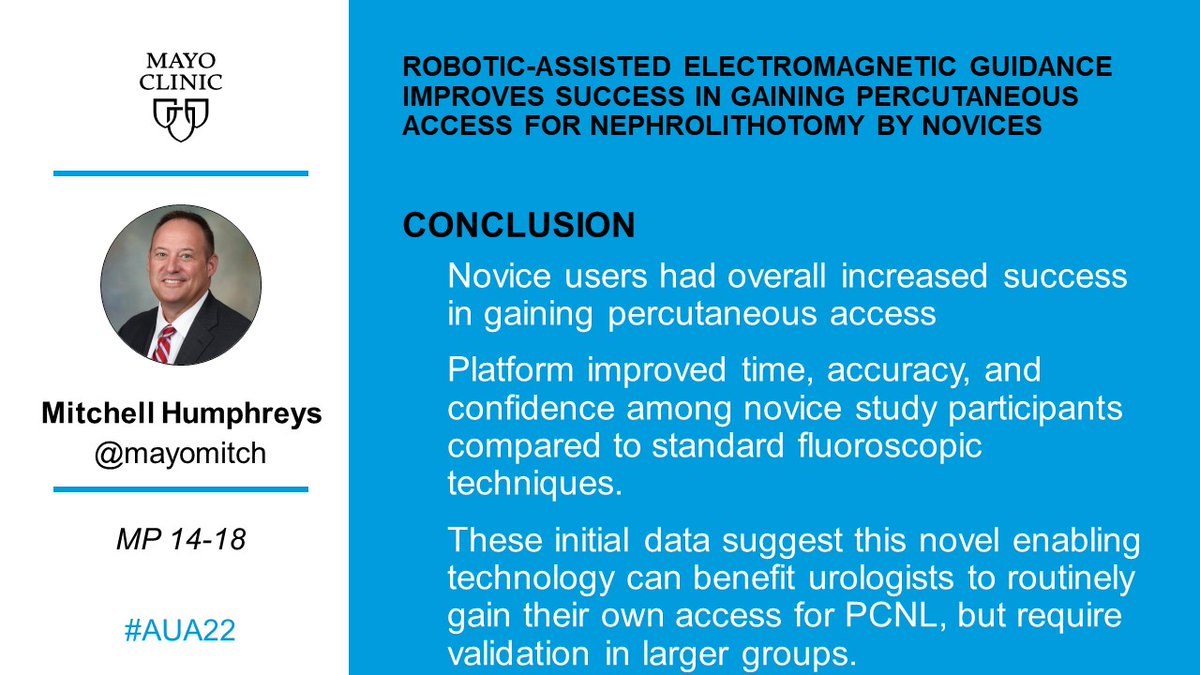 MayoUrology's tweet photo. @MayoMitch and @KevinWymer are sharing their work on #electromagnetic #guidance during #percutaneous #nephrolithotomy (#PCNL) for complex #kidney #stone disease. #AUA22 #UroSoMe https://t.co/GNKCDi4RWj