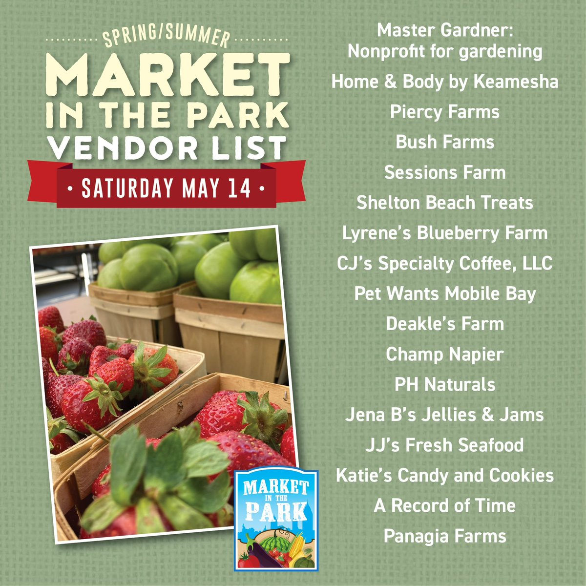 Presenting this Saturday’s vendor list for Market in the Park! 
Stop by Cathedral Square from 7:30am-noon and shop local while listening to live music. Produce, seafood, jellies &amp; jams, sweet treats, baked goods, skincare, pet products and more! 

#mitpmobile #shoplocal #eatfresh