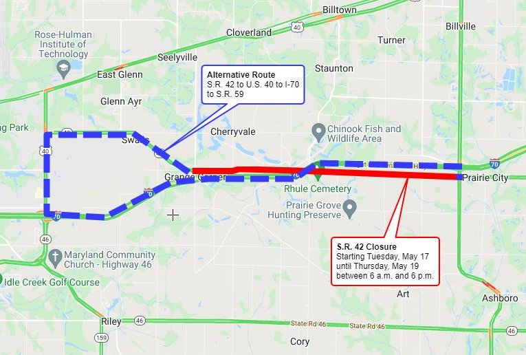 TOMORROW: State Road 42 will close temporarily between Tabortown St. and S.R. 59 for culvert replacement work! Here's what you need to know:
🚧 Restrictions from 6AM - 6PM
🚧 Barricades will be removed at night
🚧 Crews will start at S.R. 59 and move west along S.R. 42