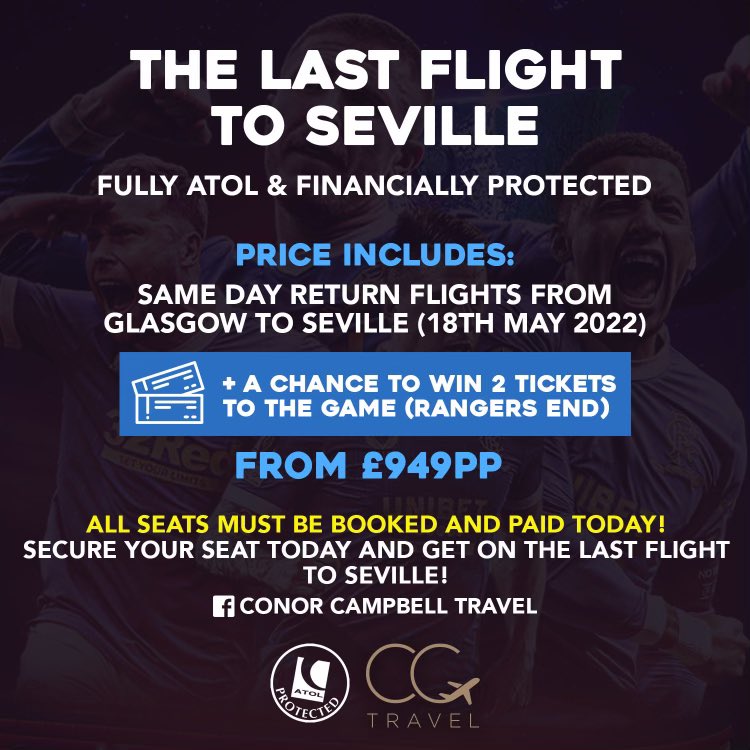 BOOK TONIGHT FOR SEVILLE 🏆⚽️

Not booked for Seville? We have you covered! Additional aircraft secured!!

💰Fully ATOL Protected
🚌Complimentary transfers

❗️Open till 11pm tonight ❗️

💬 Send us a Private Message on Facebook or Instagram
📱 +44 7944 789159
☎️ 01236 590805