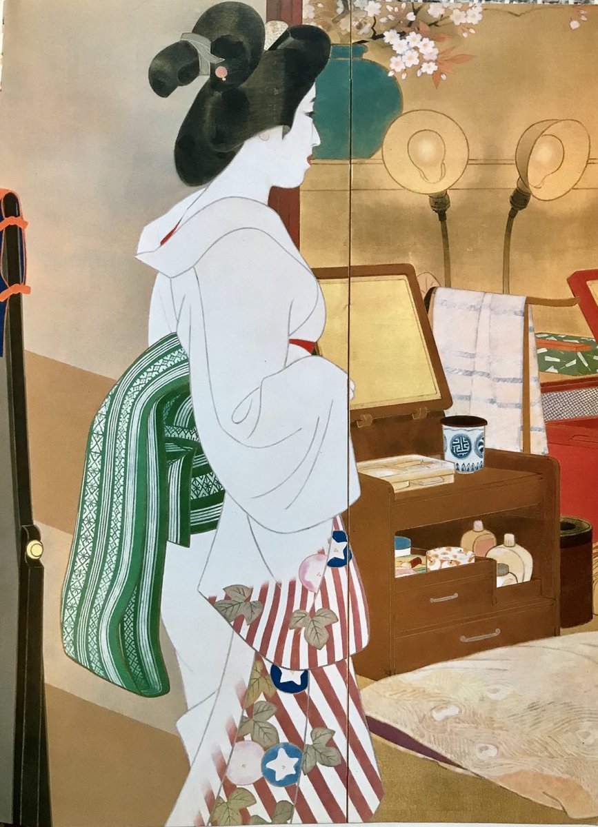 azukimuseum's tweet photo. 58  #伊東深水

四曲一双の金屏風に描かれた新橋演舞場の楽屋風景の左二曲。深水ならではの作品です。

伊東深水
春宵（東おどり）部分　1954 https://t.co/LXw4ufOIoc