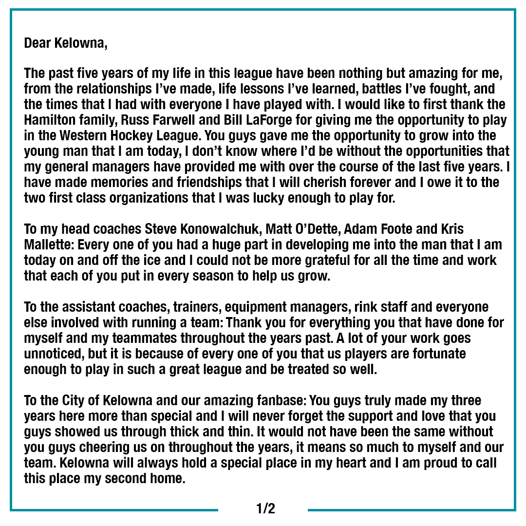 Kelowna_Rockets's tweet photo. While building for our Memorial Cup season, in the spring of 2019 we made a massive trade with the @SeattleTbirds that included high-end defenceman Jake Lee. 

He wore the Ogopogo for three seasons, developing into a cornerstone defenceman. 

Today, Jake has a letter for you: https://t.co/y92Jua48wT
