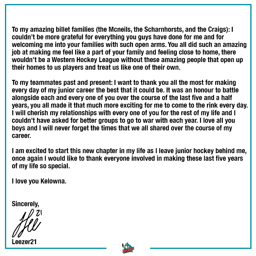 Kelowna_Rockets's tweet photo. While building for our Memorial Cup season, in the spring of 2019 we made a massive trade with the @SeattleTbirds that included high-end defenceman Jake Lee. 

He wore the Ogopogo for three seasons, developing into a cornerstone defenceman. 

Today, Jake has a letter for you: https://t.co/y92Jua48wT