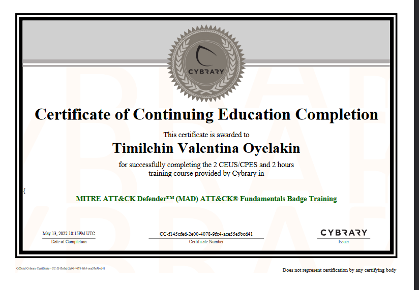 Cyvally's tweet photo. DAY 95 OF 100
For better comprehension,
I successfully completed the ATT&CK Defender™ (MAD) ATT&CK® Fundamentals Training on Cybrary
#100daysofhacking #100daysofcyber #100daysofInfoSec https://t.co/UF4OGN2mOU