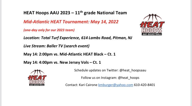 HEAT Hoops AAU 2023’s heading for a one day event in Pitman, NJ with two games on May 14th! <a href="/heat_hoopsaau/">Upper Makefield HEAT Hoops</a>
