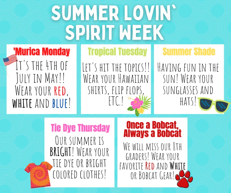 We're celebrating summer a little early at YMS next week! Mark your calendars for our Summer Spirit Days next week! Kicking off the week with 'Murica Monday, let's see your red, white and blue! 🇺🇸