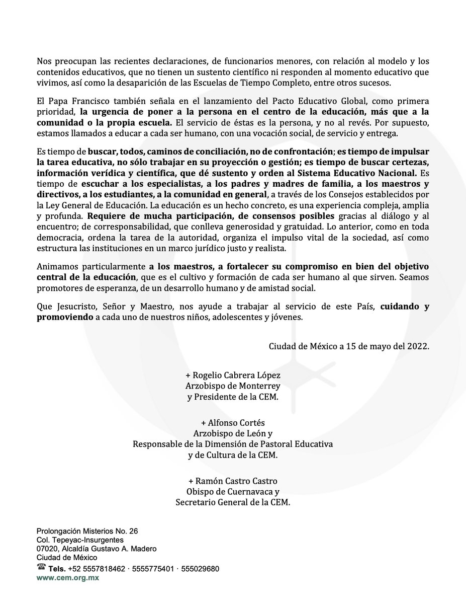 Mensaje de los Obispos de México, con motivo del día del Maestro: Unidad y corresponsabilidad para vencer desequilibrios y abandono educativo.