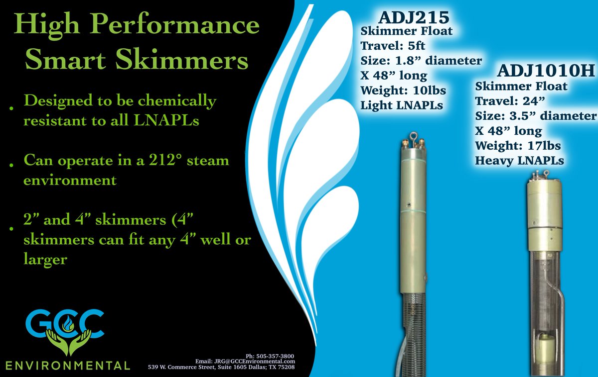 GCCEnv's tweet photo. Our 2" HP Smart Skimmers remove Light LNAPLs, such as: gasoline, diesel, #2 fuel oil, home heating oil, jet fuel, JP4, JP5, JP8, and aviation gas.

Our 4" HP Smart Skimmers remove Heavy LNAPLs, such as: crude oil, "6 fuel oil, gear oil, PCB oil, bunker sea oil, and creosote. https://t.co/eMTrnfDaEg