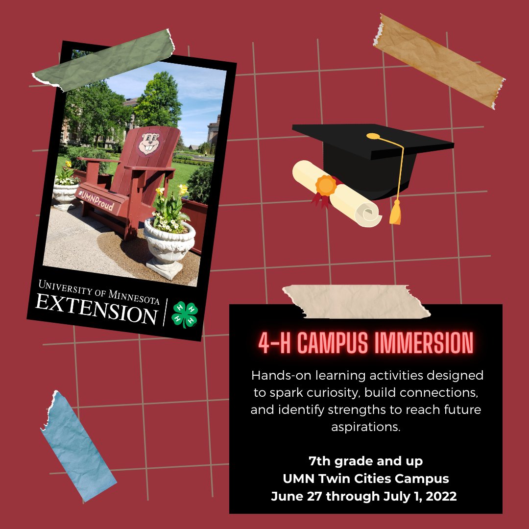 RamseyCounty4H's tweet photo. Spend a week on campus with friends, hands-on learning, and strengths exploration! Youth is grades 7th and up, join us on the University of Minnesota Campus! Learn more and register for 4-H Campus Immersion: https://t.co/E6kJI8yJGq https://t.co/s1t4syKt5p