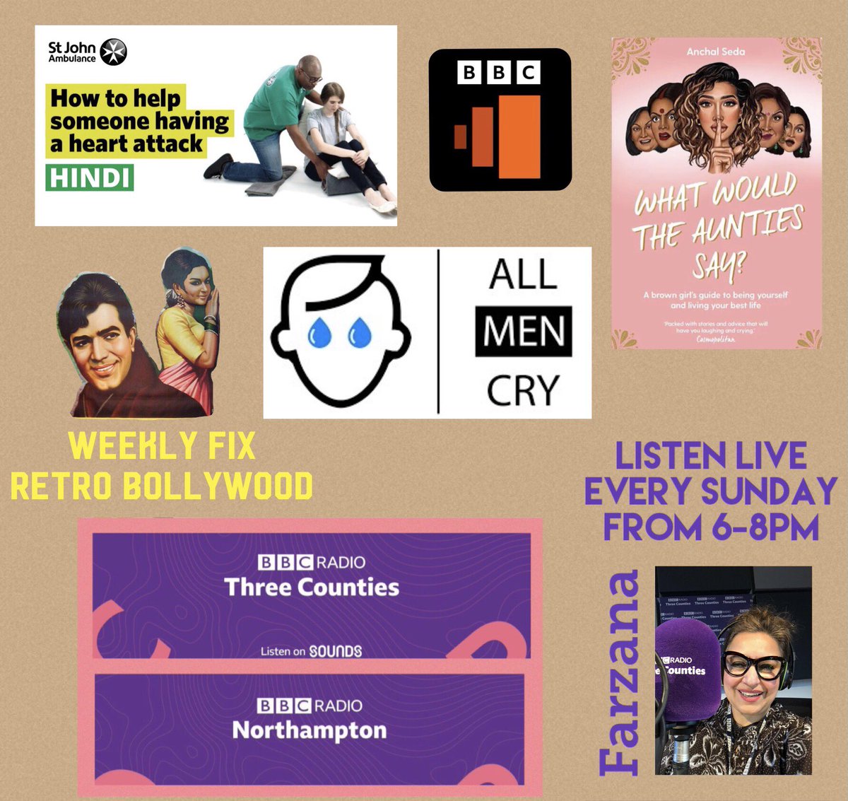 farzana_chaudry's tweet photo. This Sunday 6-8pm @BBC3CR @BBCNorthampton 
🎧Weekly fix #retroBollywood 
😱@anchalmua author #whatwouldtheauntiessay
⛑First Aid in Hindi 
@stjohnambulance 
🧑🏽‍🦱@AllMenCry #MentalHealthAwarenessMonth 
&amp; more
👉🏽Listen live from anywhere/on demand via @BBCSounds https://t.co/9mHwvDNfNN