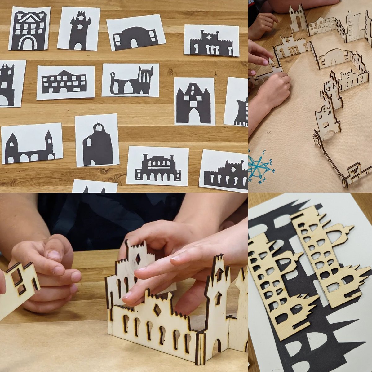 Collaboration - third grade studies Prague's buildings, makes paper cutouts, which become a laser cut wooden city they can build and remix.  #playingtolearn #idealab <a href="/IntSchPrague/">International School of Prague Official</a>