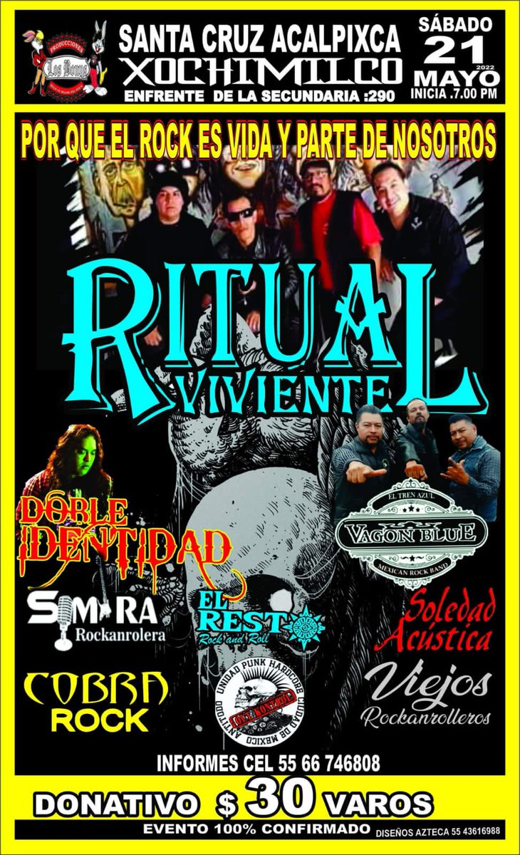 OficialVagon's tweet photo. SABADO 21 DE MAYO!!!!
SANTA CRUZ ACALPIXTLA XOCHIMILCO
CDMX!!!
#VAGONBLUE confirmadisimo!!!
#RITUALVIVIENTE
#DOBLEIDENTIDAD
#SombraRockanrolera
#SOLEDADACUSTICA
#ELRESTO 
Y MAS BANDAS CONFIRMADAS!!!
COMPARTE Y ASISTE!!! https://t.co/xgCwUatQno