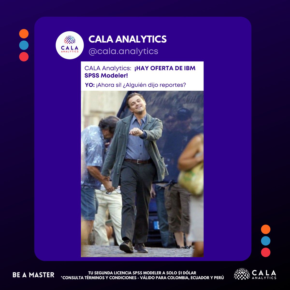 cala_analytics1's tweet photo. MemeDelDía 🤷 ¿Qué haces haciendo reportes todos el día? 🤦¡No, no, no! 📢 Por la compra de 1 licencia IBM SPSS Modeler, llevas la segunda a $1 Dólar. 👉https://t.co/sFzcae6MAz
#Oferta #Sale #SPSS #Dataverso https://t.co/zf05XO9Vxo