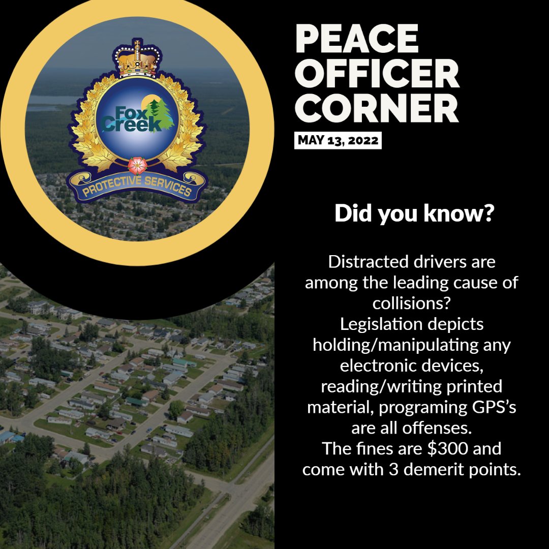 Peace Officer Corner!

This week we're addressing distracted driving.

#foxcreek #communitymatters #peaceofficercorner