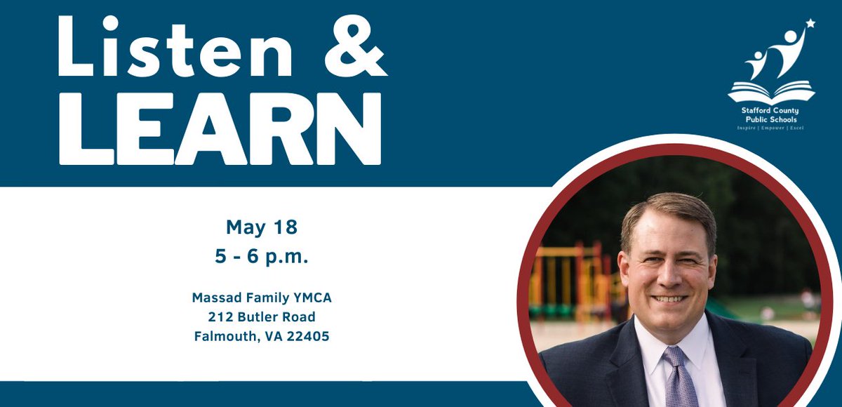 SCPSchools's tweet photo. Dr. Taylor @ThomasTaylorEdD invites the community to the next meeting in a series of ongoing Listen &amp; Learn events. This is an opportunity stakeholders to engage with Dr. Taylor as he learns more about the Stafford County community to help us move #SCPSForward. https://t.co/hBG31v3oBa