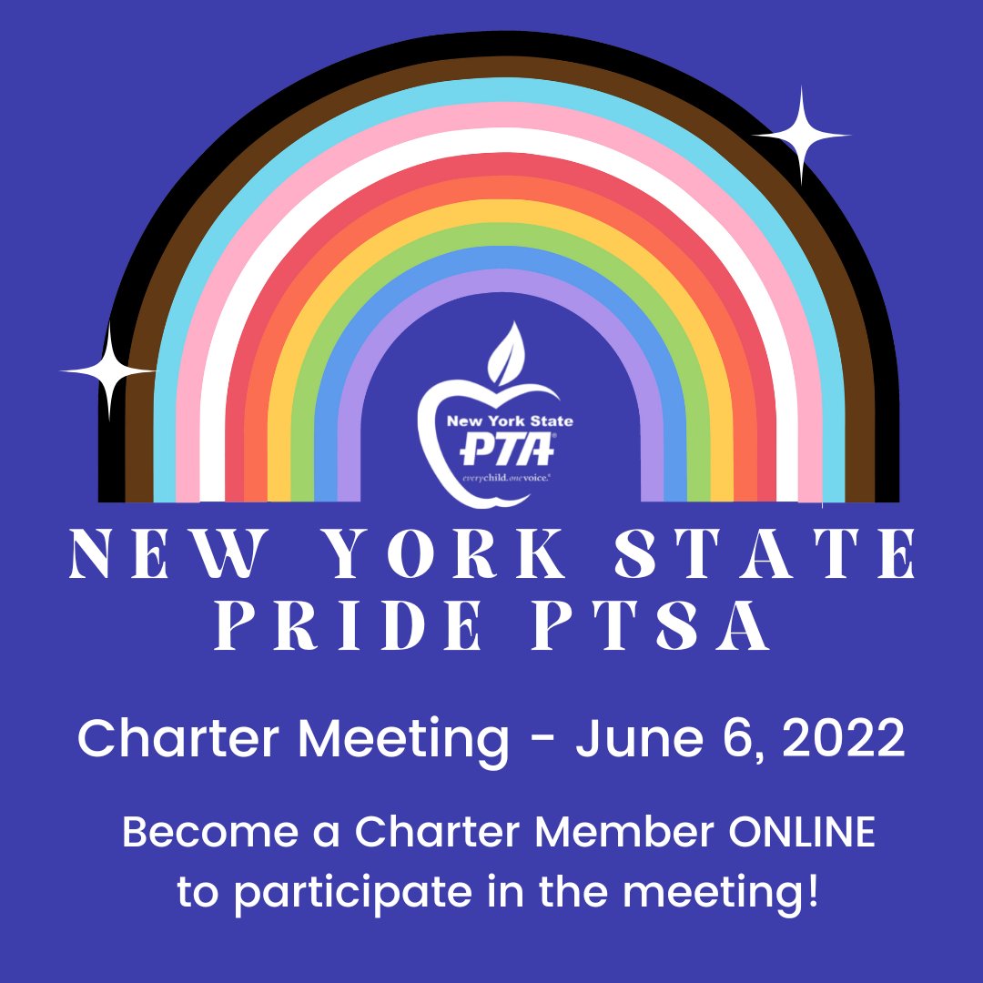 NYSPTA's tweet photo. We are SO happy to announce the charter of the New York State Pride PTSA! Please join us on Monday, June 6, 2022 at 6:30pm.  A Zoom link will be sent out to members only before the meeting.
Adults $10 - https://t.co/IvdU6LT1ji
Students $5 - https://t.co/ELxHSDafKT https://t.co/8H7fmcgDQz
