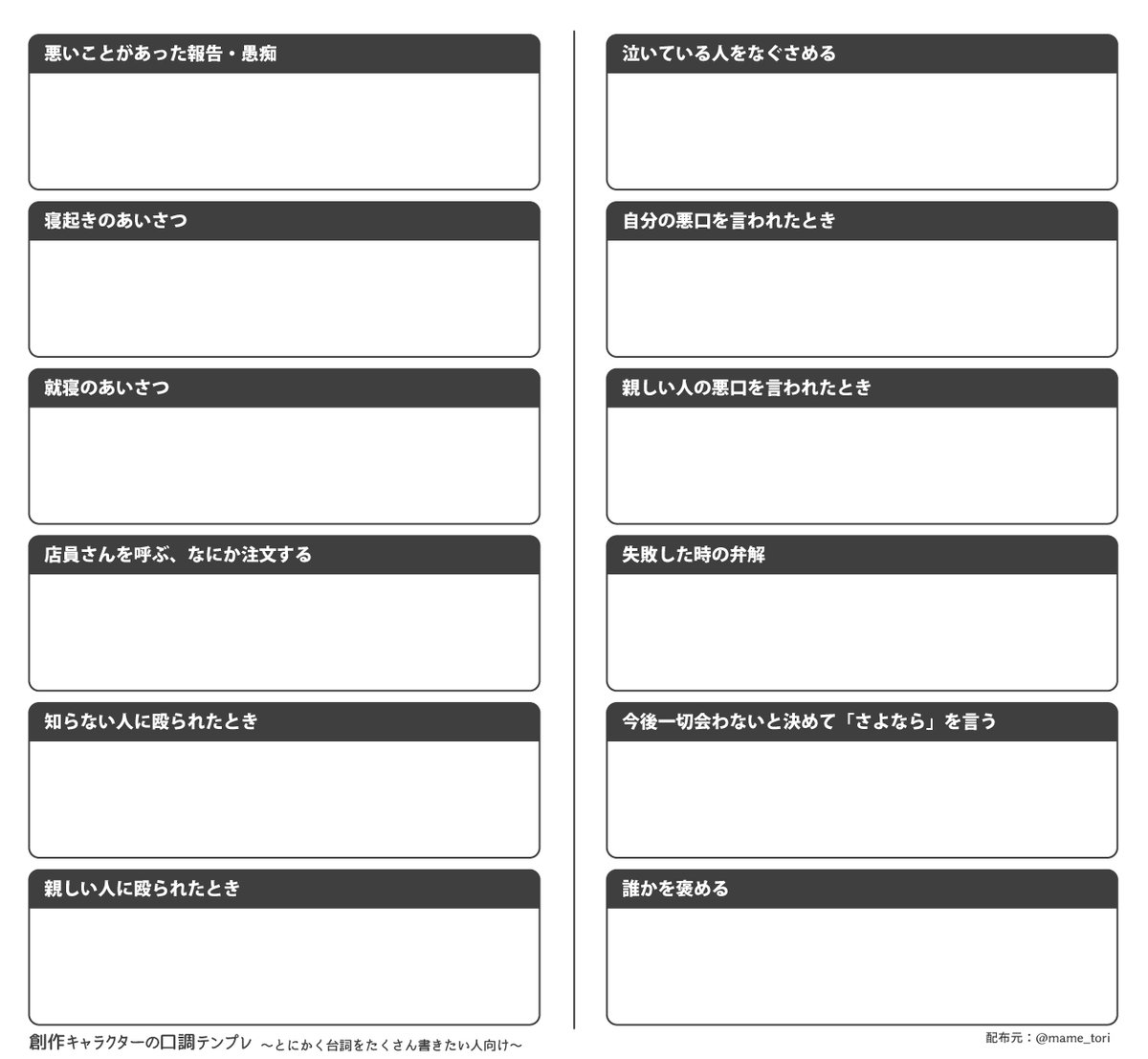mame_tori's tweet photo. ～キャラの口調まとめ用のテンプレ改～
趣味９割の口調テンプレできました
うちの子・よその子のセリフを見てニヤニヤしたい人向け

「こんな質問じゃ足らねぇ！！」って言う猛者向けに空欄のヤツもご用意しました🥳

埋めてもらえるとニコニコするヤツ！ https://t.co/0tZiknkZzB