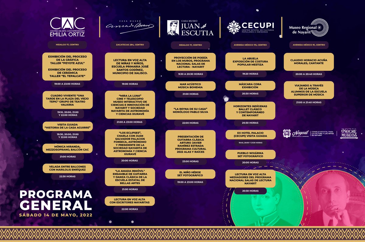 CECANdigital's tweet photo. #CulturaNayarit💠| #NochedeMuseos | #ProgramaGeneral
El Gobierno del Estado de Nayarit, a través del Consejo Estatal para la Cultura y las Artes, trae para ti la programación general de la #NochedeMuseos.
¡Revive la magia este sábado 14 de mayo, en el Centro Histórico de Tepic!✨ https://t.co/hAJTuT5Iho