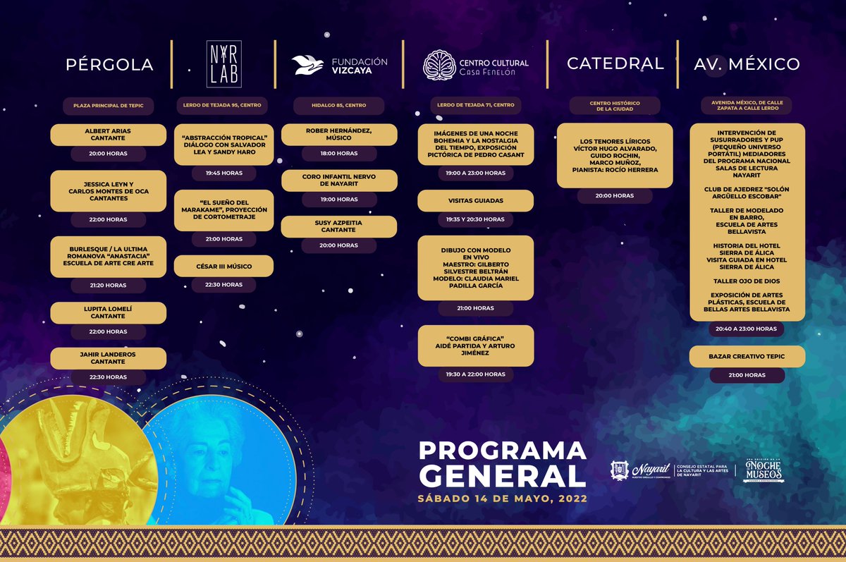 CECANdigital's tweet photo. #CulturaNayarit💠| #NochedeMuseos | #ProgramaGeneral
El Gobierno del Estado de Nayarit, a través del Consejo Estatal para la Cultura y las Artes, trae para ti la programación general de la #NochedeMuseos.
¡Revive la magia este sábado 14 de mayo, en el Centro Histórico de Tepic!✨ https://t.co/hAJTuT5Iho