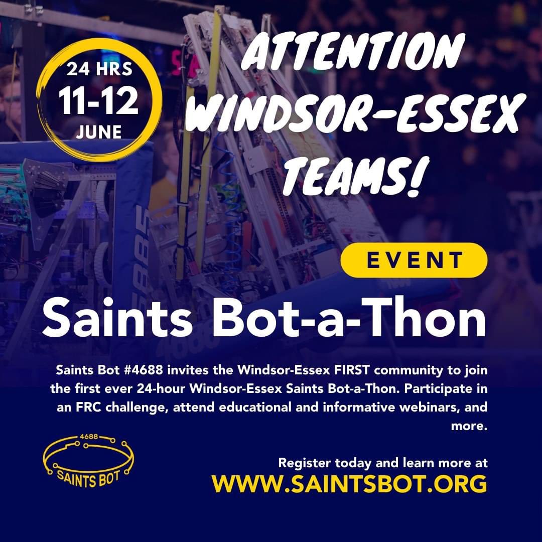 FIRSTRoboticsWE's tweet photo. Calling all @FIRSTRoboticsWE teams!

Saints Bot are very excited to announce the 1st ever #YQG Saints Bot-a-Thon. 

Students will get to participate in an #FRC related challenge, attend webinars, and more! 

Mentors can also sign up to volunteer. ➡️ https://t.co/nGVQB4bv3K ⬅️ https://t.co/kbfPtuqHyY