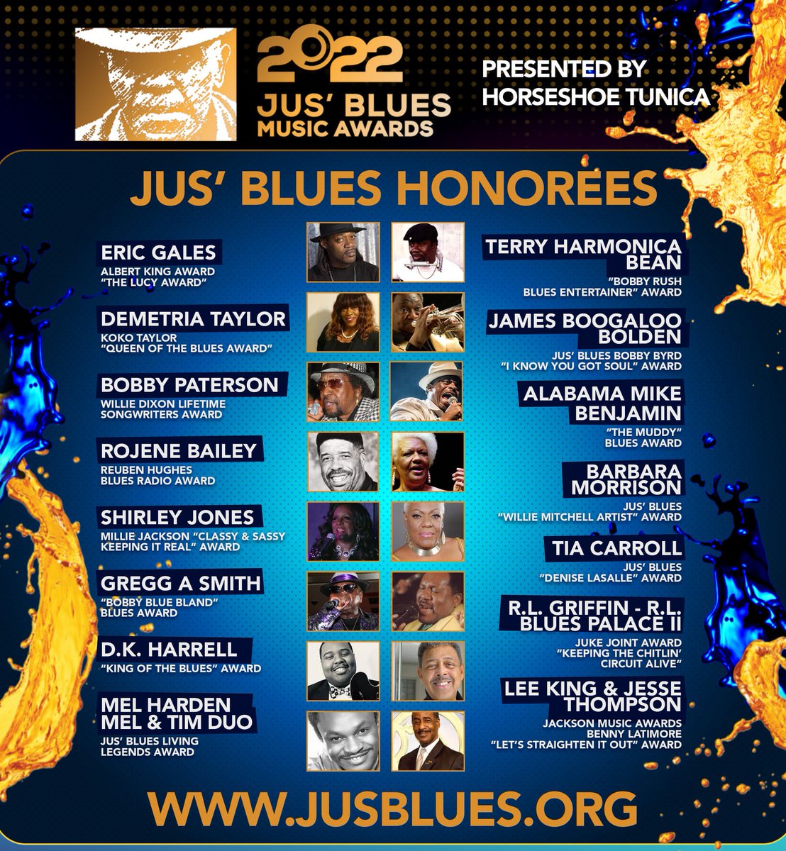 CassieJFox's tweet image. 2022 Honorees Ceremony August 4th 2022-The  Jus' Blues Music Foundation-Honoring The SOUL Of The Blues, The REAL Down Home Blues,with Gospel &amp;amp; Soul Roots. #JusBlues #Foundation #SouthernRoots jusblues.org/honorees-2022.… #Preservation #SouthernSoul #SoulBlues #GrownFolks #DownSouth