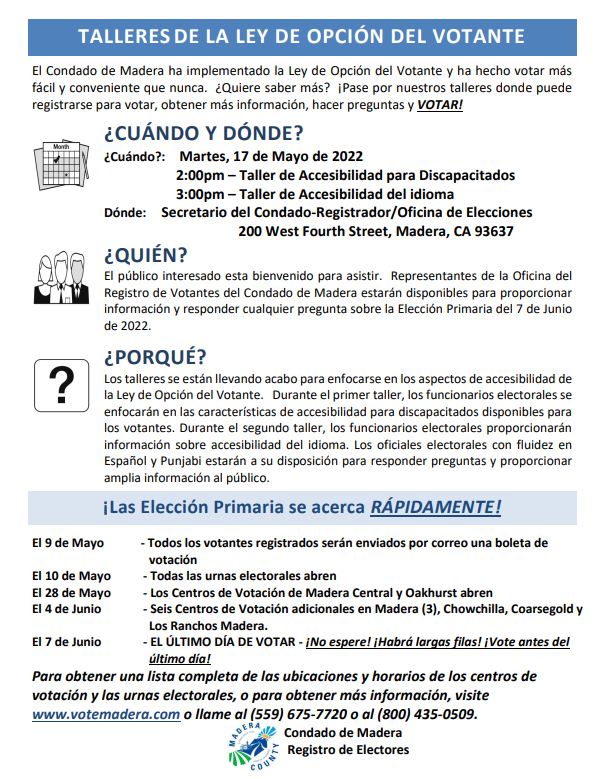 MaderaElections's tweet photo. The Primary Election is QUICKLY approaching! Madera County will be holding workshops focus on disability accessibility and language accessibility. For more  information visit https://t.co/HzZFtld19Z or call (559)675-7720.🗳 https://t.co/WplQmdX2mU