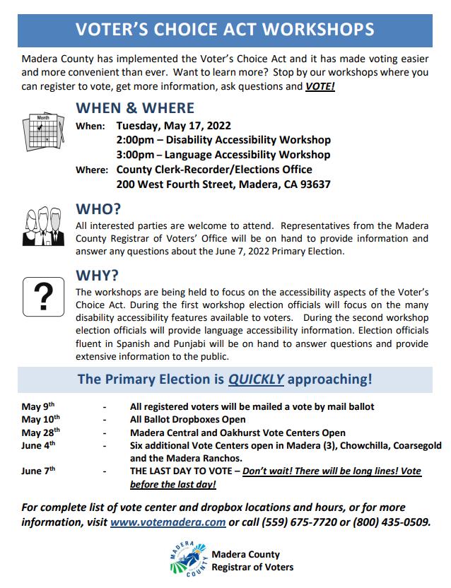 MaderaElections's tweet photo. The Primary Election is QUICKLY approaching! Madera County will be holding workshops focus on disability accessibility and language accessibility. For more  information visit https://t.co/HzZFtld19Z or call (559)675-7720.🗳 https://t.co/WplQmdX2mU