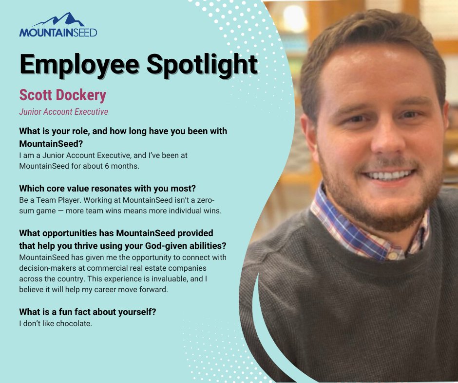 It's Friday, and it's time to #MeetMountainSeed — Meet Scott Dockery, Junior Account Executive! 

Did you know Scott doesn't like chocolate? While his flavor choices are questionable, his team-player attitude is undoubted. 

#MeetMountainSeed #MountainSeed #employeespotlight