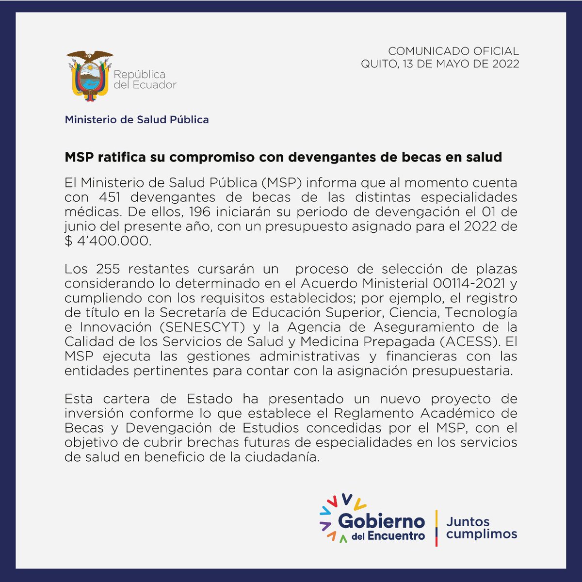 Salud_Ec's tweet photo. ⚠️ATENCIÓN | @Salud_Ec informa que al momento cuenta con 451 devengantes de becas de las distintas especialidades médicas. De ellos, 196 iniciarán su periodo de devengación el 01 de junio del presente año.

Detalles en → https://t.co/aLJodsY6Lv https://t.co/OmWRSJLjxP