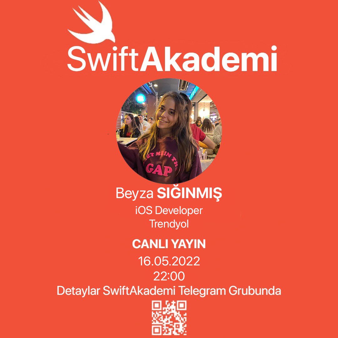 Swift Akademi (@swiftakademi) on Twitter photo Sektörünün öncü firmalarından Trendyol'un başarılı iOS Developer'ı <a href="/bbbeyzas/">Beyza Sığınmış</a> ile soru cevap etkinliğimize katılmak için bizi takip etmeyi unutmayın. Sorularınız için forms.gle/mzuHJczYae3H1H… linkini 16.05. 12:00'a kadar kullanabilirsiniz👩🏼💻 Sektörünün öncü firmalarından Trendyol'un başarılı iOS Developer'ı <a href="/bbbeyzas/">Beyza Sığınmış</a> ile soru cevap etkinliğimize katılmak için bizi takip etmeyi unutmayın. Sorularınız için forms.gle/mzuHJczYae3H1H… linkini 16.05. 12:00'a kadar kullanabilirsiniz👩🏼💻