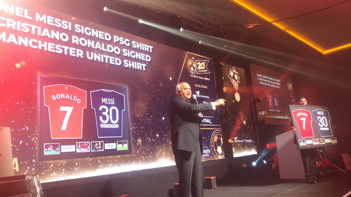 Our next auction item is a #Ronaldo and #Messi shirt, which was sold for a very generous £5000 this evening