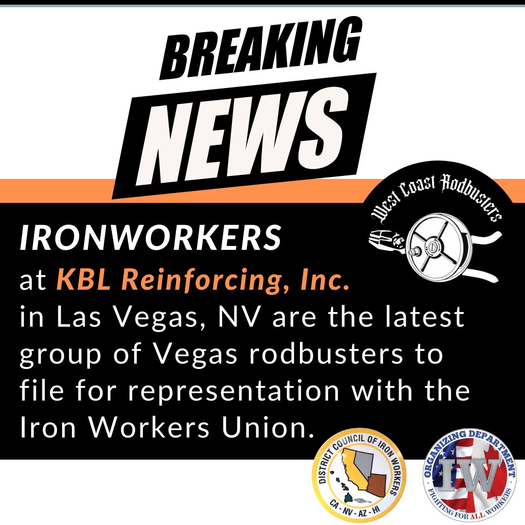 IWOrganizing's tweet photo. BREAKING: Ironworkers at KBL Reinforcing Inc. in Las Vegas, Nevada have filed for a union election!
#rodbusters #LasVegas #1u #ironworkers #ironworkers #labor #union https://t.co/f83q2riO2o